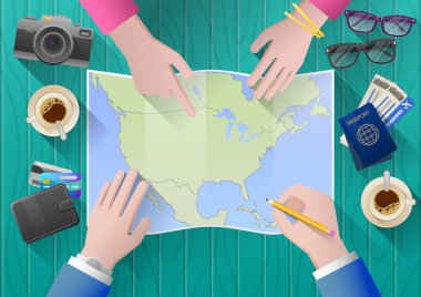 Kuzey Amerika gezisi. Genç çift maceracı. Turizm Acenteleri Tur Danışma seçer. Üstten Görünüm