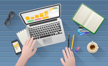 Dizüstü bilgisayar, tablet, akıllı telefon ve ileti örneği ile işadamı'nın Masası. Ticari faaliyet. Çalışma alanı. Office. Bir takım çalışırız. İş Okulu eğitim. Web afiş. Modern düz tasarım.