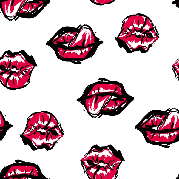 Vector fashion sketch. Hand drawn graphic kiss, red lip, lip, eye. Contrasty glamour fashion seamless pattern. Isolated elements on white background — 图库矢量图片