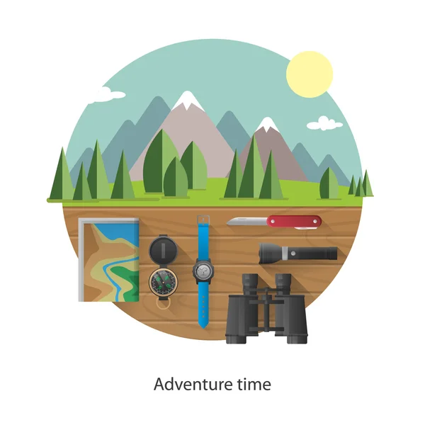 Set di attrezzatura da campeggio. Paesaggio estivo di montagna. Illustrazione vettoriale di design piatto . — Vettoriale Stock