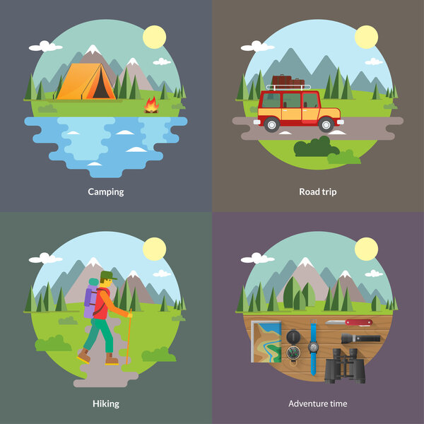 Best trips and camping for unforgettable journey 4 flat square icons composition banner abstract isolated vector illustration