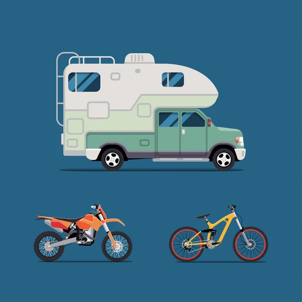 Vector illustration flat. the best banner  for the travel agency and camping, outdoor activities, sports and outdoor recreation. Camper, motorcycle, bicycle