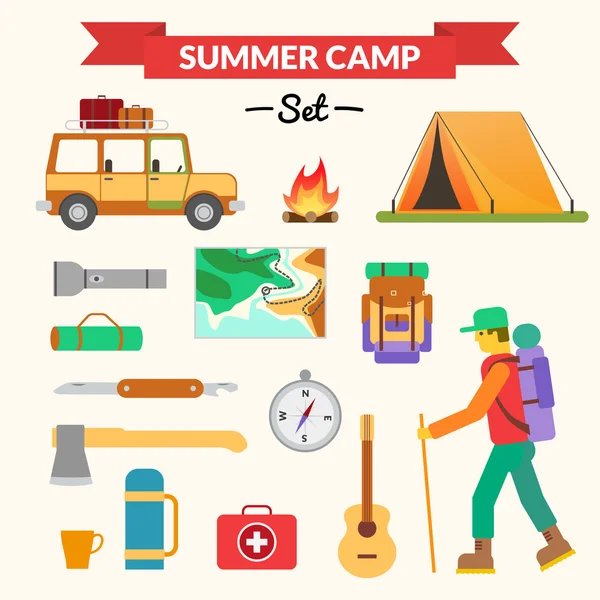 Hiking and camping equipment - icon set and infographics. Modern flat design — Stock Vector