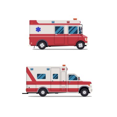 Ambulans acil yardım arabası. Vektör modern yaratıcı düz tasarım. İlk yardım aracı. Beyaz arkaplanda izole et.