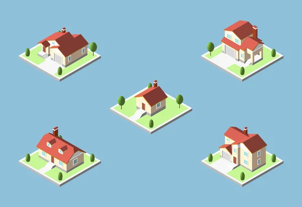 Dreidimensionale isometrische Dorfgebäude, Immobilien-Ikone — Stockvektor