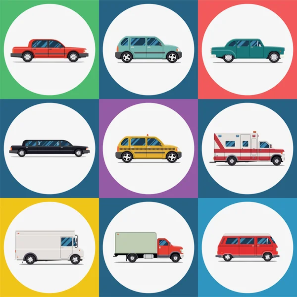 Conjunto vectorial de iconos de transporte urbano. Coche sedán rojo, hatchback verde, vehículo retro, limusina, taxi, ambulancia, camión de reparto, autobús rojo — Archivo Imágenes Vectoriales