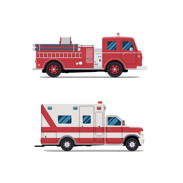 Carro de bombeiros, ambulância, Firetruck, vetor plano — Vetor de Stock