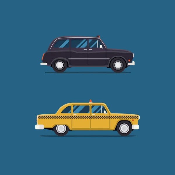 Vektor desain datar modern. Mobil taksi kuning dan hitam London dan New York. Ikon transportasi layanan kota - Stok Vektor