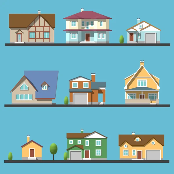 Coloridas casas residenciales planas — Vector de stock