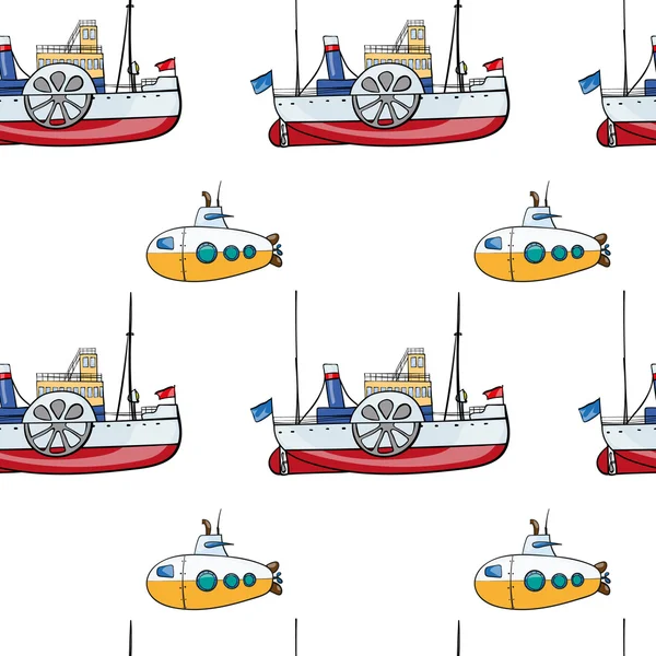 Motif sans couture. Transpor d'eau dessiné à la main. jouets pour enfants bateau à vapeur, sous-marin — Image vectorielle