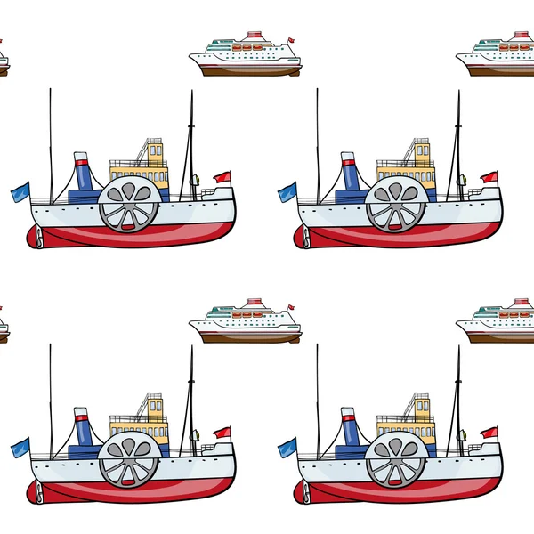 Motif sans couture. Transpor d'eau dessiné à la main. enfant jouet bateau à vapeur, croisière — Image vectorielle