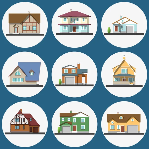 Conjunto de casas residenciales planas coloridas — Vector de stock