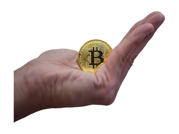 İnsanoğlunun elinde altın renkli bitcoin ve izole edilmiş beyaz arkaplan, kırpma yolu ile