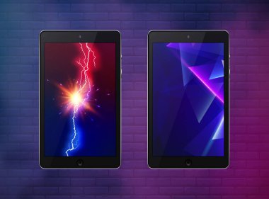 Soyut neon geometrik ve şimşek desenli iki tablet siyah renk dokunmatik ekran ve işaret fişeği arka planda izole edilmiş. Gerçekçi ve detaylı bir cihaz. Stok vektör illüstrasyonu.