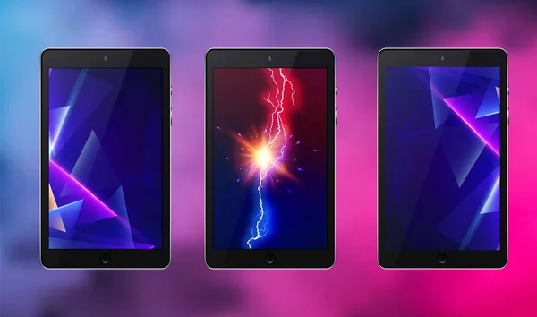 Tre Tablet Svart Färg Med Abstrakt Neon Geometriska Och Blixt — Stock vektor