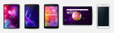 Tabletler, akıllı telefon, beyaz arkaplanda izole edilmiş renkli soyut ekran koruyucu üst görünüm seti. Gerçekçi ve detaylı cihazlar. Stock vektör illüstrasyonu. eps10.