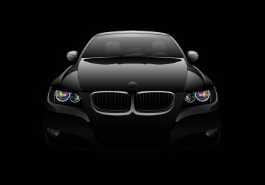 Siyah arka planda ışıkları olan genel ve markasız modern bir arabanın ön görüntüsü. Vektör illüstrasyonu.