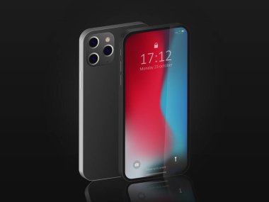 Modern Gerçekçi 3D akıllı telefon pürüzsüz koyu siyah bir yüzeye izole edilmiş. Gerçekçi vektör çizimi izometrik akıllı telefon. Önünde ve arkasında ayna yansıması olan yeni cep telefonu