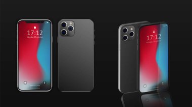 3d _ set Modern Realistik 3d akıllı telefon pürüzsüz koyu siyah bir yüzey üzerinde izole. Collection Realistik vektör illüstrasyon akıllı telefonu. Önünde ve arkasında ayna yansıması olan yeni cep telefonu
