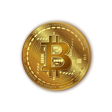 Bitcoin. Vektör gerçekçi, parlak, altın bir bitcoin ve bir Gölge. Altın dijital kripto para. Elektronik finansman para sembolü. Bitcoin beyaz arkaplanda izole edildi.