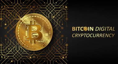 Siyah zemin üzerinde altın bitcoin yazılı yatay web afişi, bitcoin dijital şifreleme ve altın bilgisayar kartı. Vektör lüks arkaplan