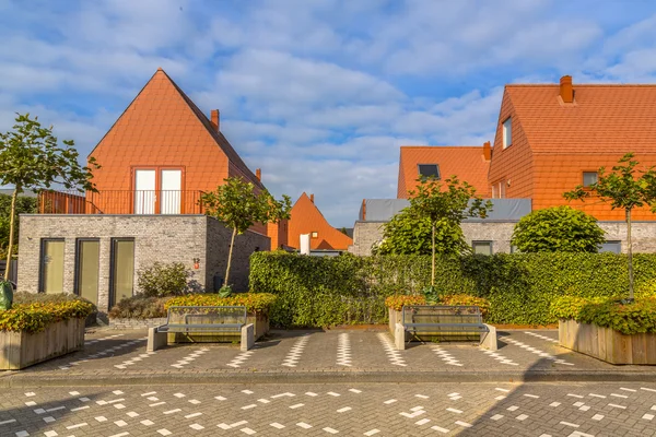 Modern houses with conspicious red slate roof tiles — Stock Photo, Image