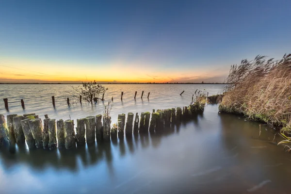 Battered protezione bancaria sulla riva del lago — Foto Stock