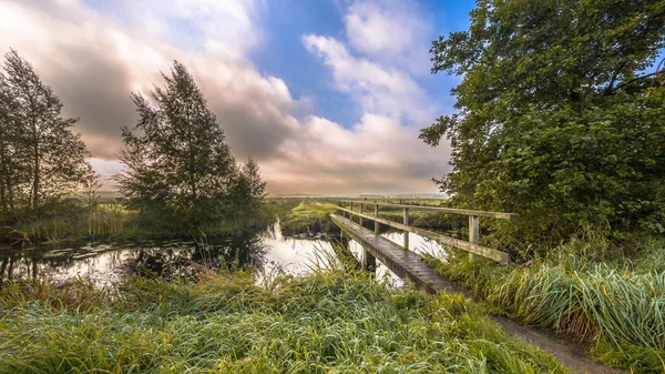 Invitante ponte pedonale che attraversa il fiume — Foto Stock