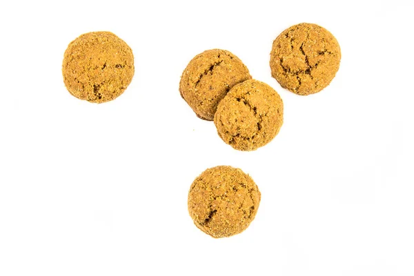 Grupp Fem Pepernoten Cookies Ovanifrån Vit Bakgrund För Årliga Sinterklaas — Stockfoto