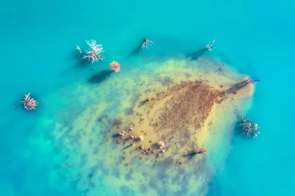 Top Aerial View Ice Blue Water Shore Sotonera Reservoir Spanish — Stock Photo, Image