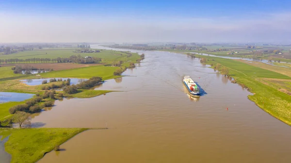 Inland Container Ship River Lek Aerial View Village Ravenswaaij Gelderland — Stock Photo, Image