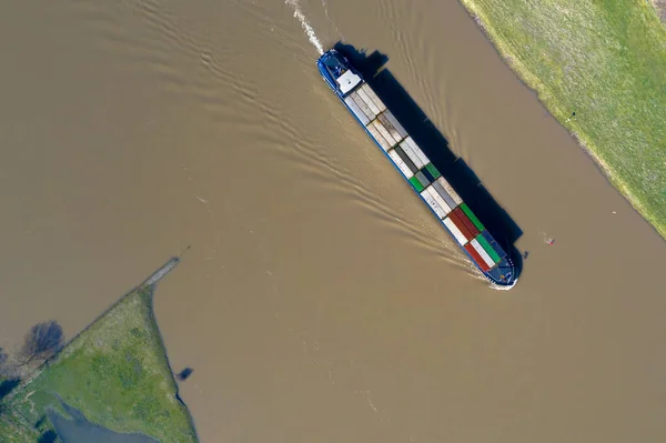 Inland Container Barge River Lek Aerial View Village Ravenswaaij Gelderland — Stock Photo, Image