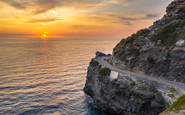 Winding Road Rocky Coast Cap Corse Peninsula Corsica Island Sunset — Stock Photo, Image