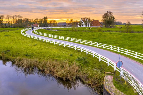 Aerial Scene Dutch Countryside Landscape Historical Houses Evening Curved Road — Stock Photo, Image