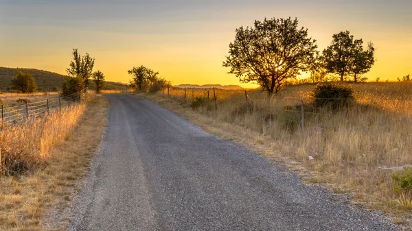 Sunrise Road Highland Limestone Karst Plateau Landscape Causse Blandas Occitanie — Stock Photo, Image