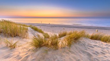 Sunset View over ocean from dune over North Sea and Canal in Ouddorp, Zeeland Province, the Netherlands. Outdoor scene of coast in nature of Europe. clipart