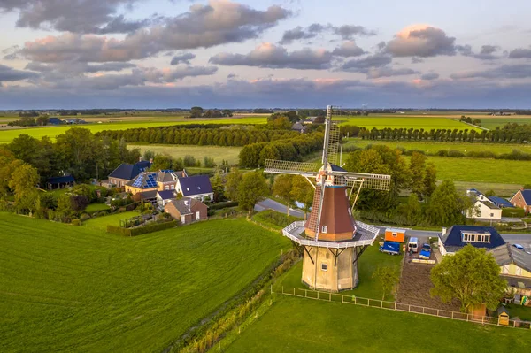 Luchtfoto Van Zonsondergang Boven Nederlands Dorp Agrarisch Landschap Groningen Nederland — Stockfoto