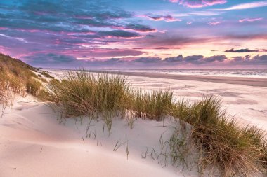 Sunset View from dune top over North Sea from the island of Ameland, Friesland, Netherlands clipart