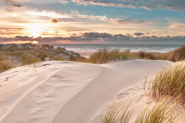 Sonnenuntergang Blick Von Der Dünenspitze Über Die Nordsee Von Der — Stockfoto