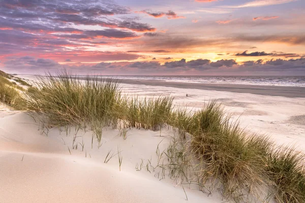 Sunset View from dune top over North Sea from the island of Ameland, Friesland, Netherlands