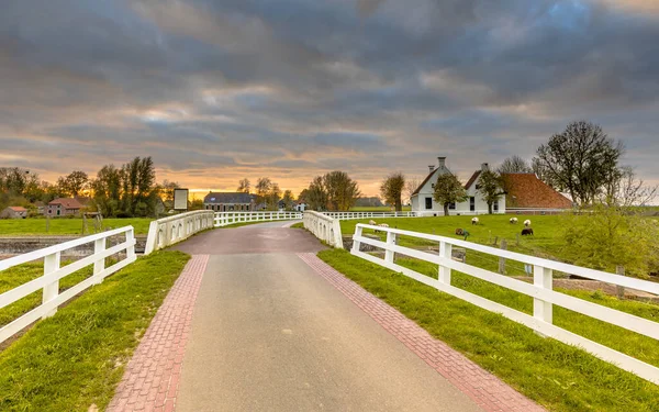 Dutch Countryside Landscape Historical Houses Evening Curved Road White Fence — Stock Photo, Image