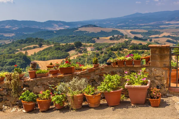 Vista sobre Toscana Hills, vasos de flores são alinhados ao longo do Bal — Fotografia de Stock