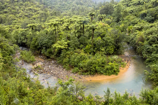 Meandry creek przez wzgórza Forested z Nowej Zelandii — Zdjęcie stockowe