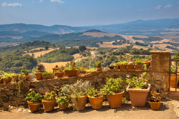 View over Tuscany Landscape with Pots of Flowers along the Balus — Stock Photo, Image