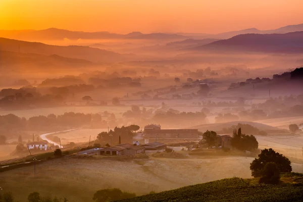 Toskańskiej farmy podczas Sunrise, Włochy podczas Sunrise, Włochy — Zdjęcie stockowe