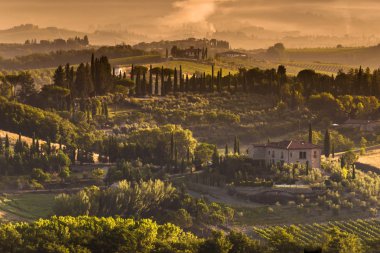 Toskana Köyü manzara sahne bir sisli sabahı