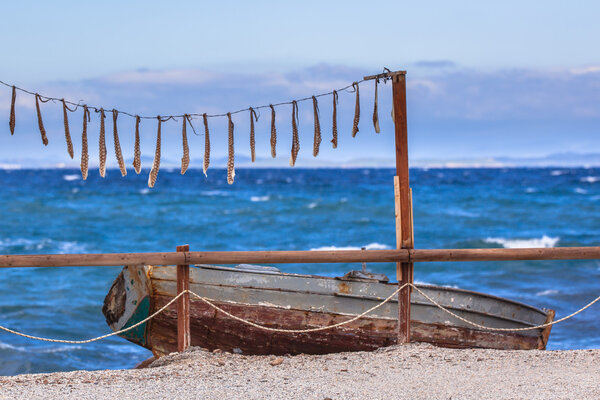 drying squid with rowing boat