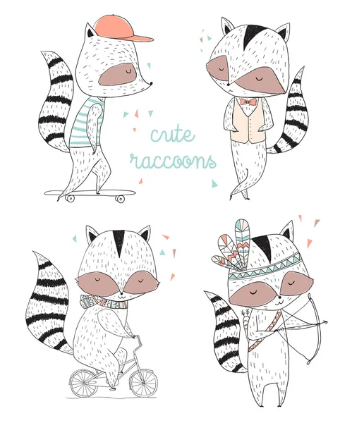かわいいアライグマの文字、イラスト、グリーティング カード — ストックベクタ