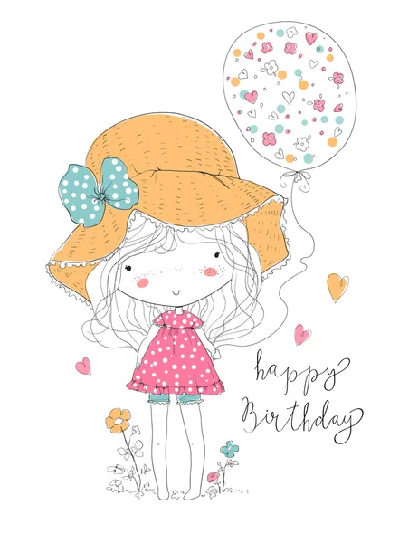 Illustration af en pige, der holder fødselsdag balloner – Stock-vektor