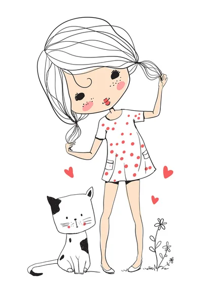 Nettes Mädchen mit Katze — Stockvektor